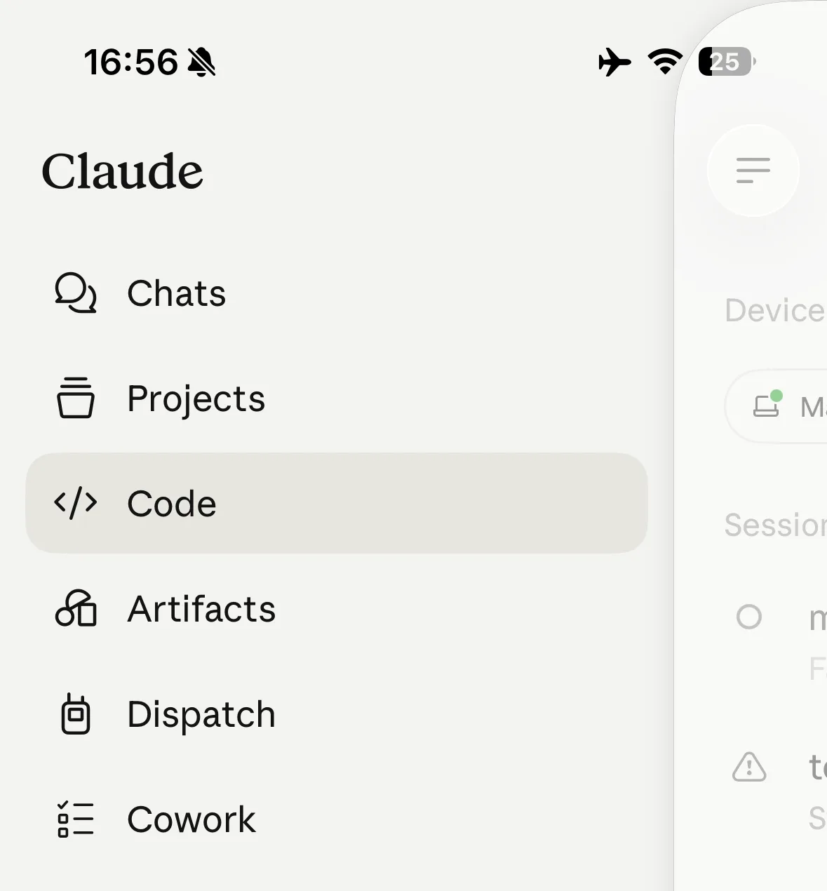 Menu do app do Claude no celular, com os itens Chats, Projects, Code (destacado), Artifacts, Dispatch e Cowork
