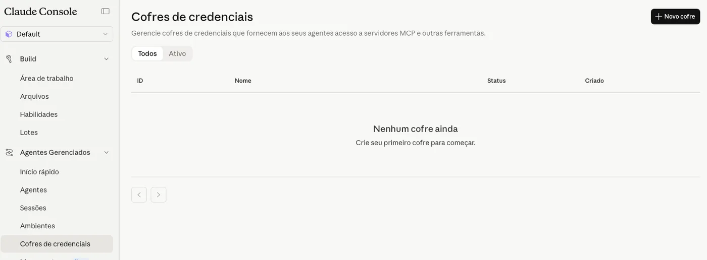 A tela de cofres de credenciais, ainda sem nenhum cofre criado