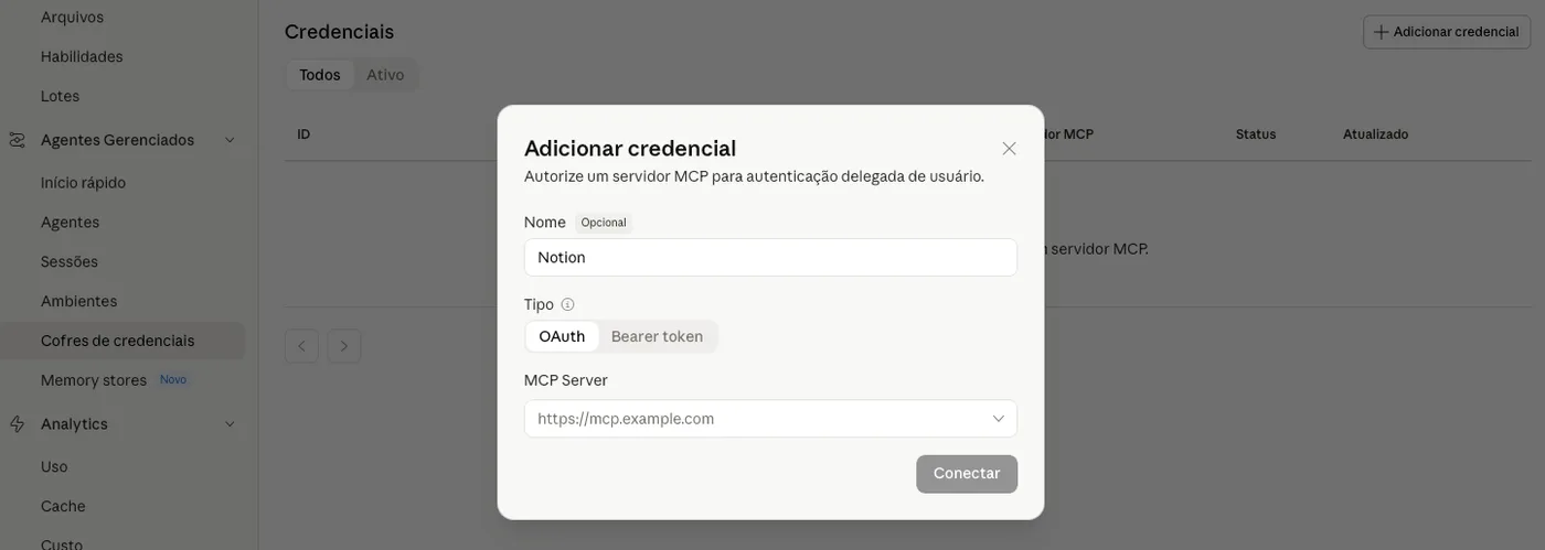 A caixa de diálogo para adicionar credencial, com nome, tipo de autenticação e endereço do servidor MCP