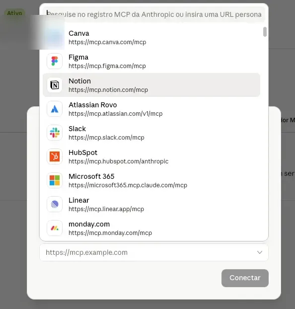 A lista de servidores MCP do registro da Anthropic, com Canva, Figma, Notion, Slack e outros