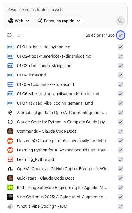 Lista de fontes selecionadas dentro do NotebookLM, com arquivos de aula e PDFs marcados