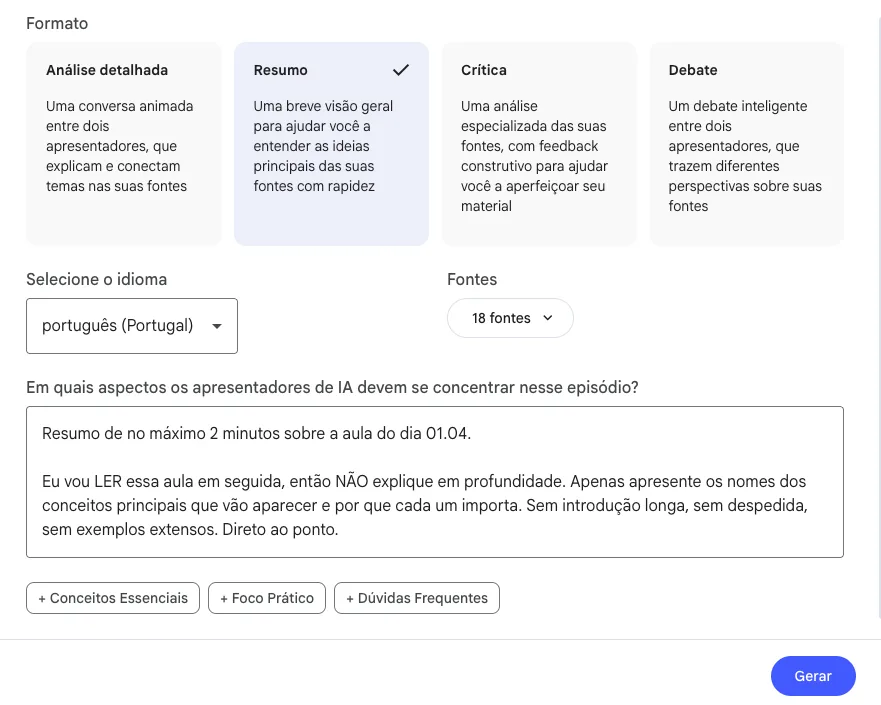 A escolha de formato e idioma do áudio, com o pedido de focar só na aula do dia