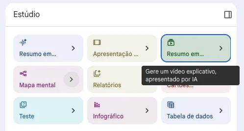 O painel de estúdio depois de gerar as peças, com resumo, mapa mental e teste