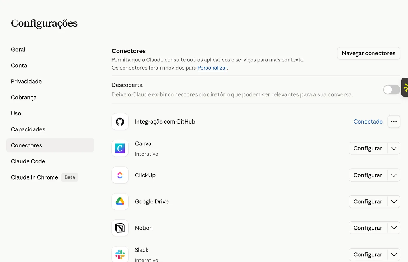 As configurações do Claude na aba de conectores, com integrações já ligadas