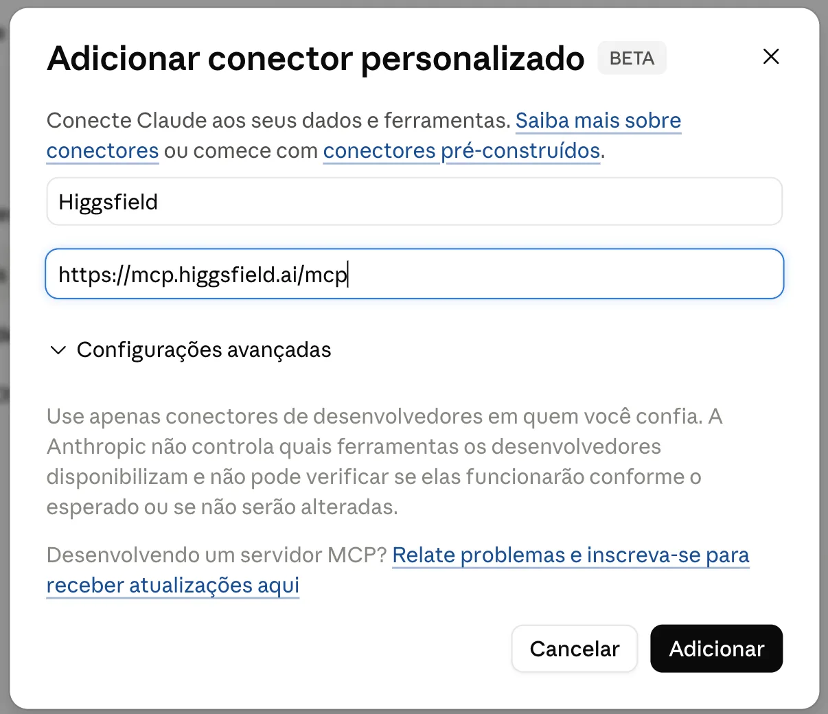 A caixa para adicionar conector personalizado, com o endereço MCP do Higgsfield preenchido