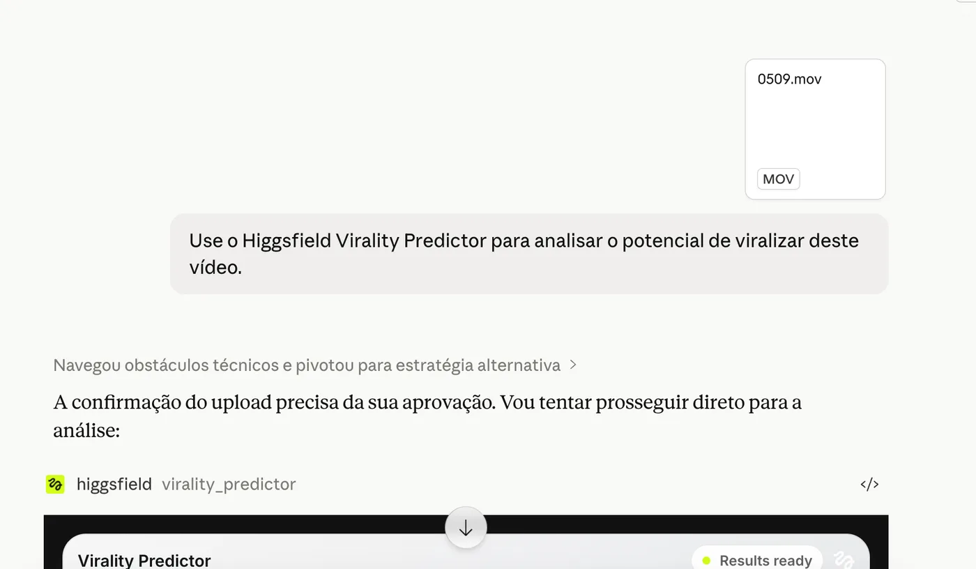 O chat do Claude com o vídeo anexado, pedindo a análise de potencial de viralização